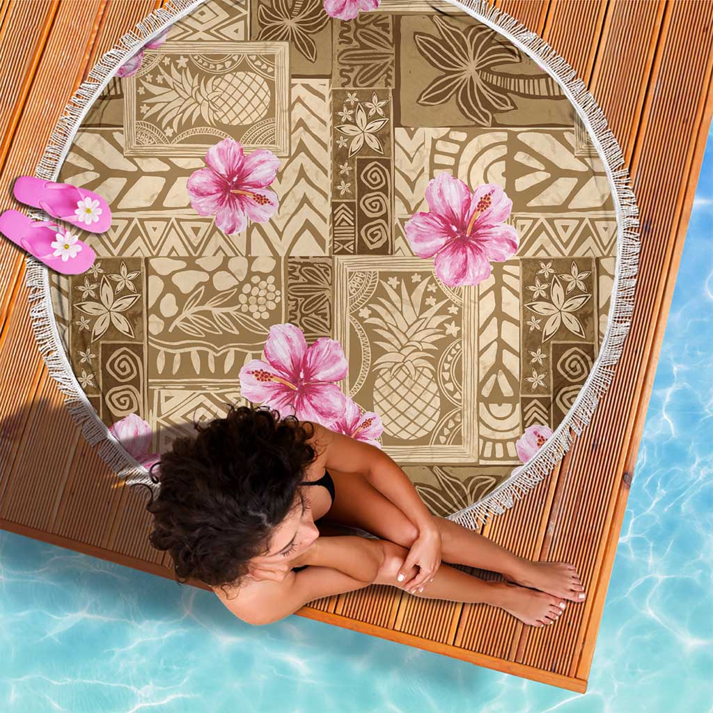 Beige Hawaii Hibiscus With Tropical Flowers Motifs Beach Blanket LT14 - Polynesian Pride