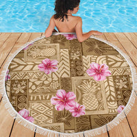 Beige Hawaii Hibiscus With Tropical Flowers Motifs Beach Blanket LT14 - Polynesian Pride