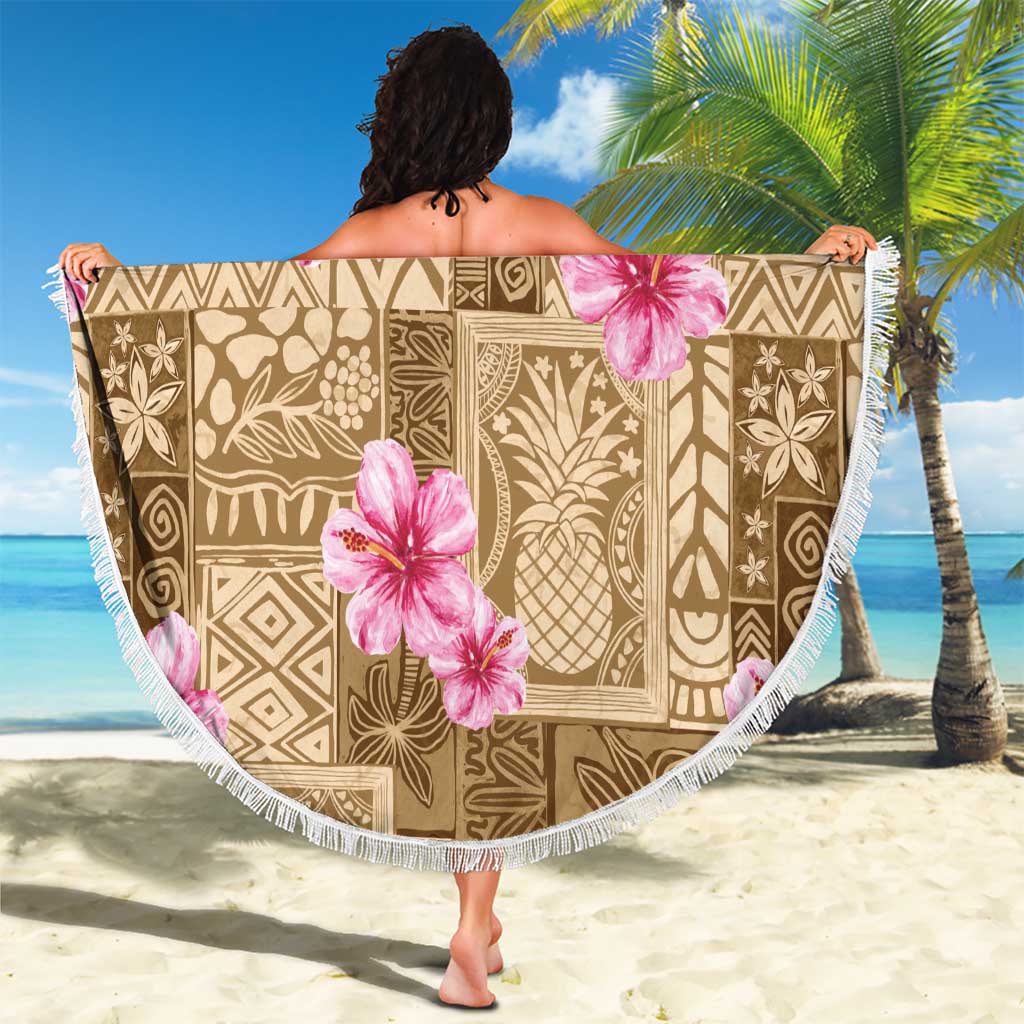 Beige Hawaii Hibiscus With Tropical Flowers Motifs Beach Blanket LT14 - Polynesian Pride