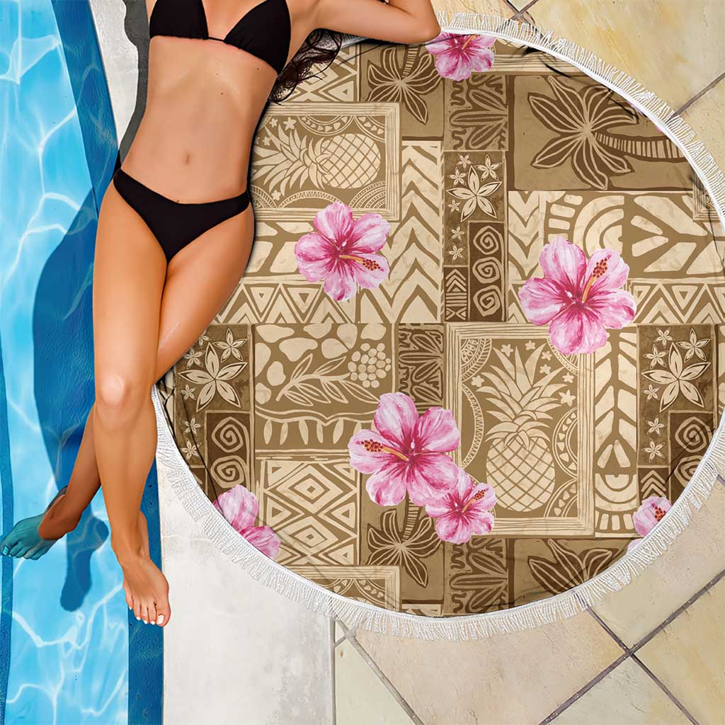 Beige Hawaii Hibiscus With Tropical Flowers Motifs Beach Blanket LT14 - Polynesian Pride