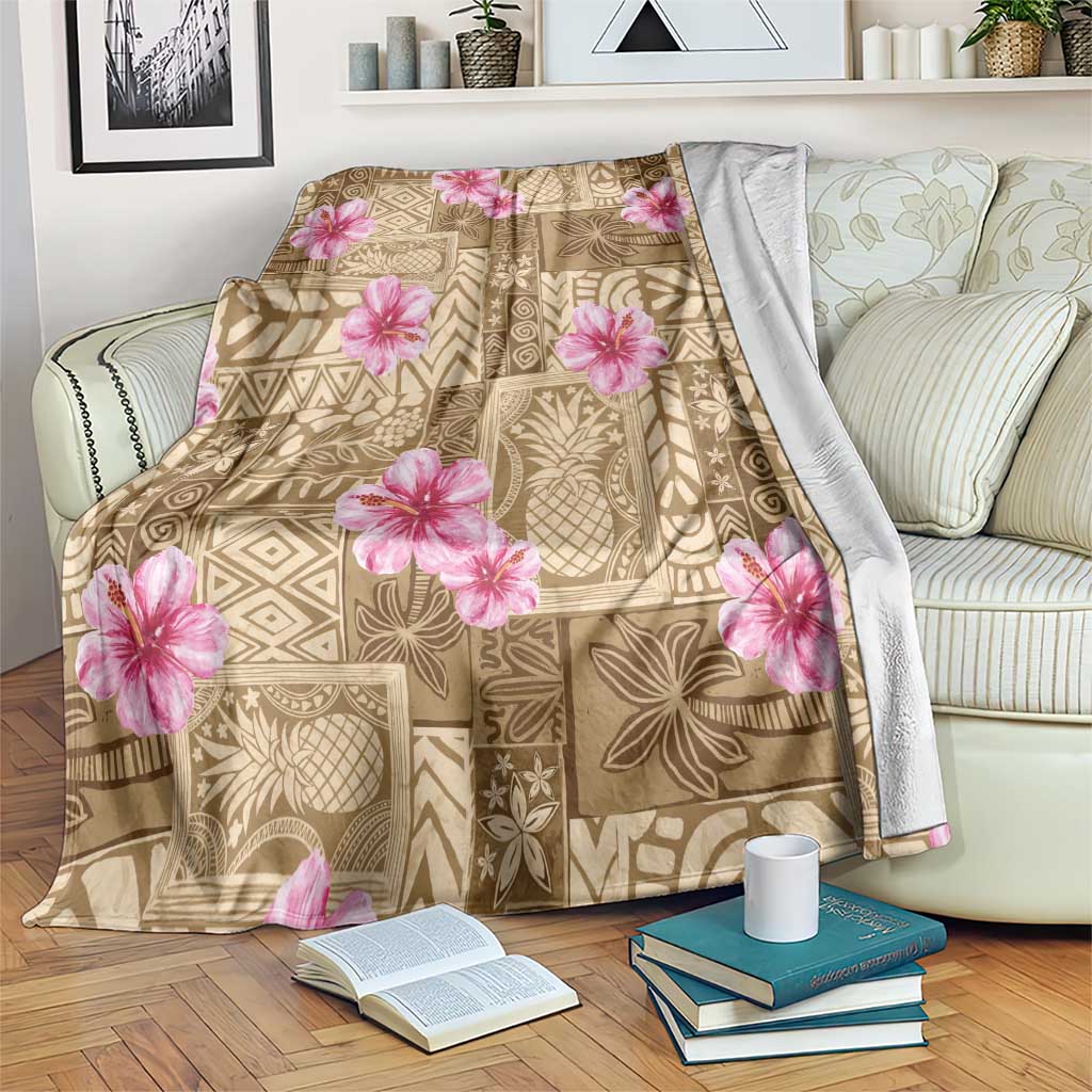 Beige Hawaii Hibiscus With Tropical Flowers Motifs Blanket LT14 Beige - Polynesian Pride