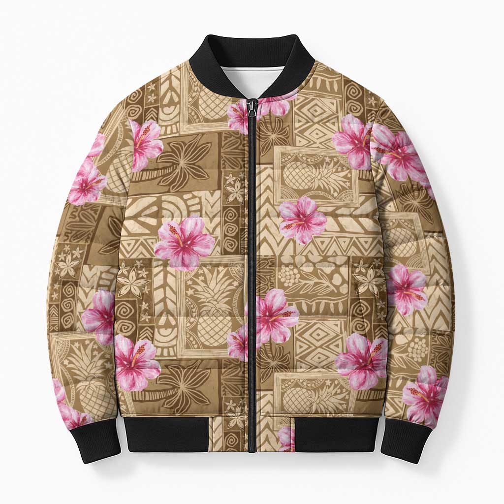 Beige Hawaii Hibiscus With Tropical Flowers Motifs Bomber Puffer Jacket LT14 Unisex Beige - Polynesian Pride