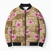 Beige Hawaii Hibiscus With Tropical Flowers Motifs Bomber Puffer Jacket LT14 Unisex Beige - Polynesian Pride