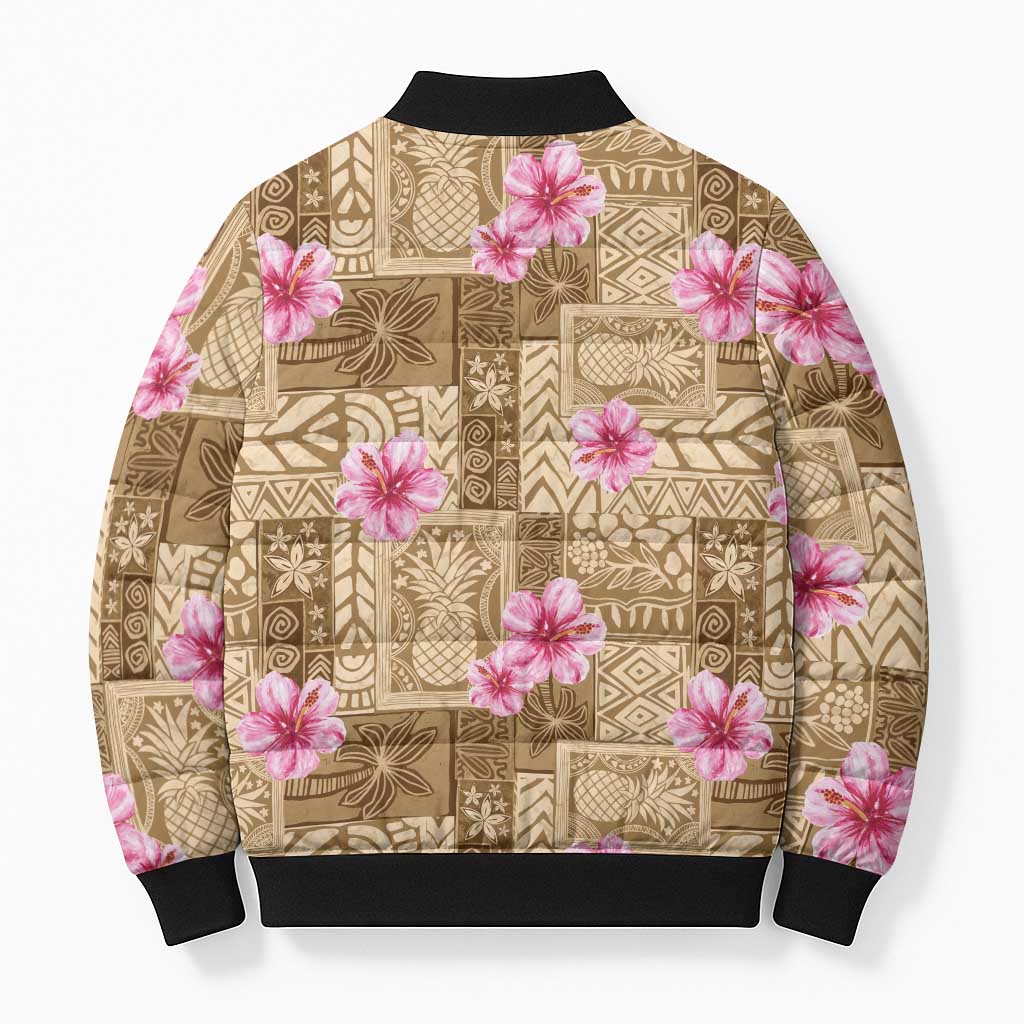 Beige Hawaii Hibiscus With Tropical Flowers Motifs Bomber Puffer Jacket LT14 - Polynesian Pride