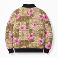 Beige Hawaii Hibiscus With Tropical Flowers Motifs Bomber Puffer Jacket LT14 - Polynesian Pride