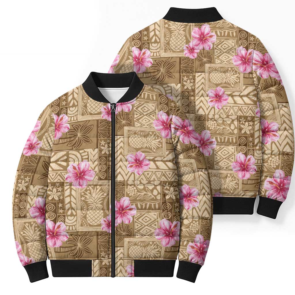 Beige Hawaii Hibiscus With Tropical Flowers Motifs Bomber Puffer Jacket LT14 - Polynesian Pride