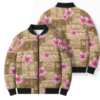 Beige Hawaii Hibiscus With Tropical Flowers Motifs Bomber Puffer Jacket LT14 - Polynesian Pride