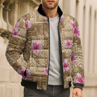 Beige Hawaii Hibiscus With Tropical Flowers Motifs Bomber Puffer Jacket LT14 - Polynesian Pride