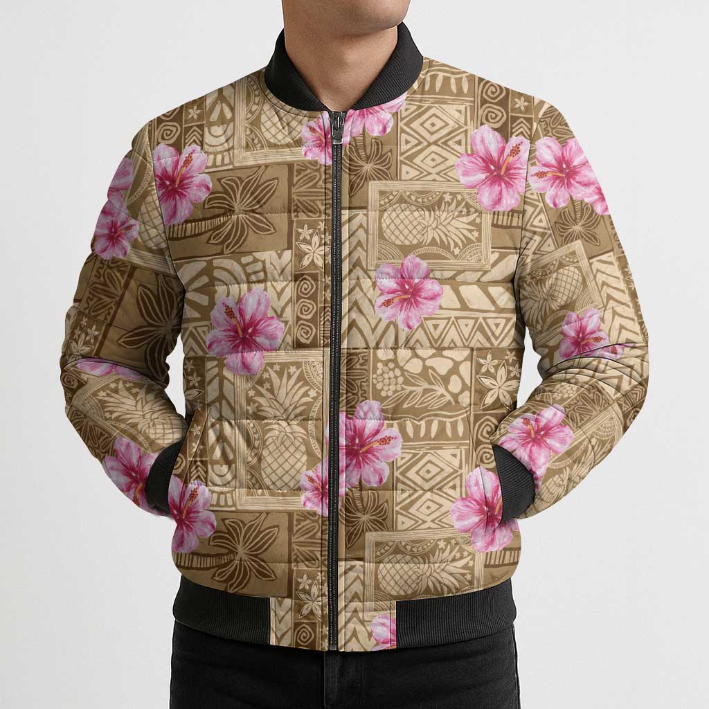 Beige Hawaii Hibiscus With Tropical Flowers Motifs Bomber Puffer Jacket LT14 - Polynesian Pride