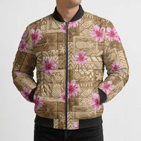 Beige Hawaii Hibiscus With Tropical Flowers Motifs Bomber Puffer Jacket LT14 - Polynesian Pride