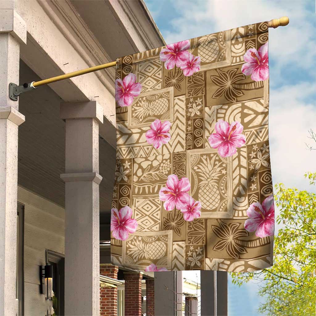 Beige Hawaii Hibiscus With Tropical Flowers Motifs Garden Flag LT14 House Flag Beige - Polynesian Pride