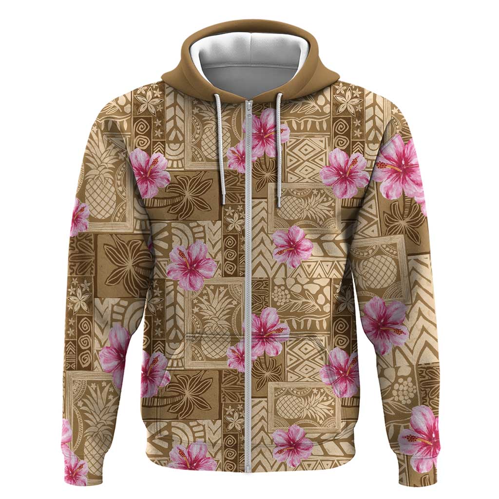 Beige Hawaii Hibiscus With Tropical Flowers Motifs Hoodie LT14 Zip Hoodie Beige - Polynesian Pride