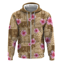Beige Hawaii Hibiscus With Tropical Flowers Motifs Hoodie LT14 Zip Hoodie Beige - Polynesian Pride