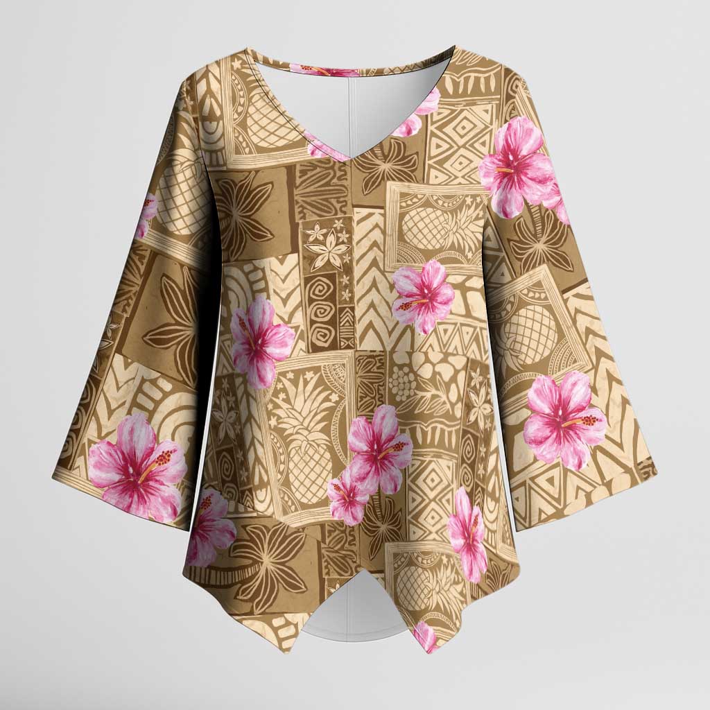 Beige Hawaii Hibiscus With Tropical Flowers Motifs Kimono Sleeve Blouse LT14 Female Beige - Polynesian Pride