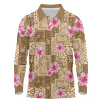 Beige Hawaii Hibiscus With Tropical Flowers Motifs Long Sleeve Polo Shirt LT14 Beige - Polynesian Pride