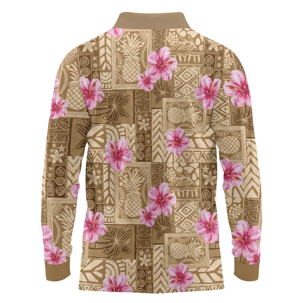 Beige Hawaii Hibiscus With Tropical Flowers Motifs Long Sleeve Polo Shirt LT14 - Polynesian Pride