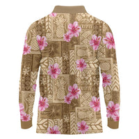 Beige Hawaii Hibiscus With Tropical Flowers Motifs Long Sleeve Polo Shirt LT14 - Polynesian Pride