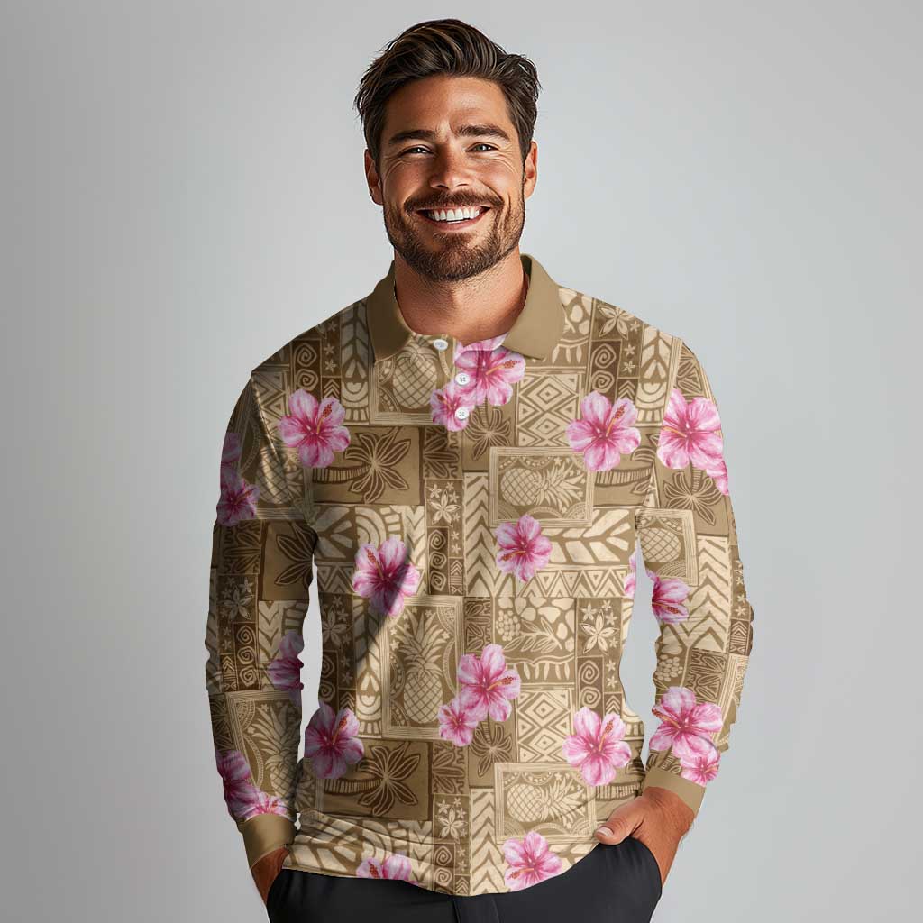Beige Hawaii Hibiscus With Tropical Flowers Motifs Long Sleeve Polo Shirt LT14 - Polynesian Pride