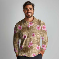 Beige Hawaii Hibiscus With Tropical Flowers Motifs Long Sleeve Polo Shirt LT14 - Polynesian Pride