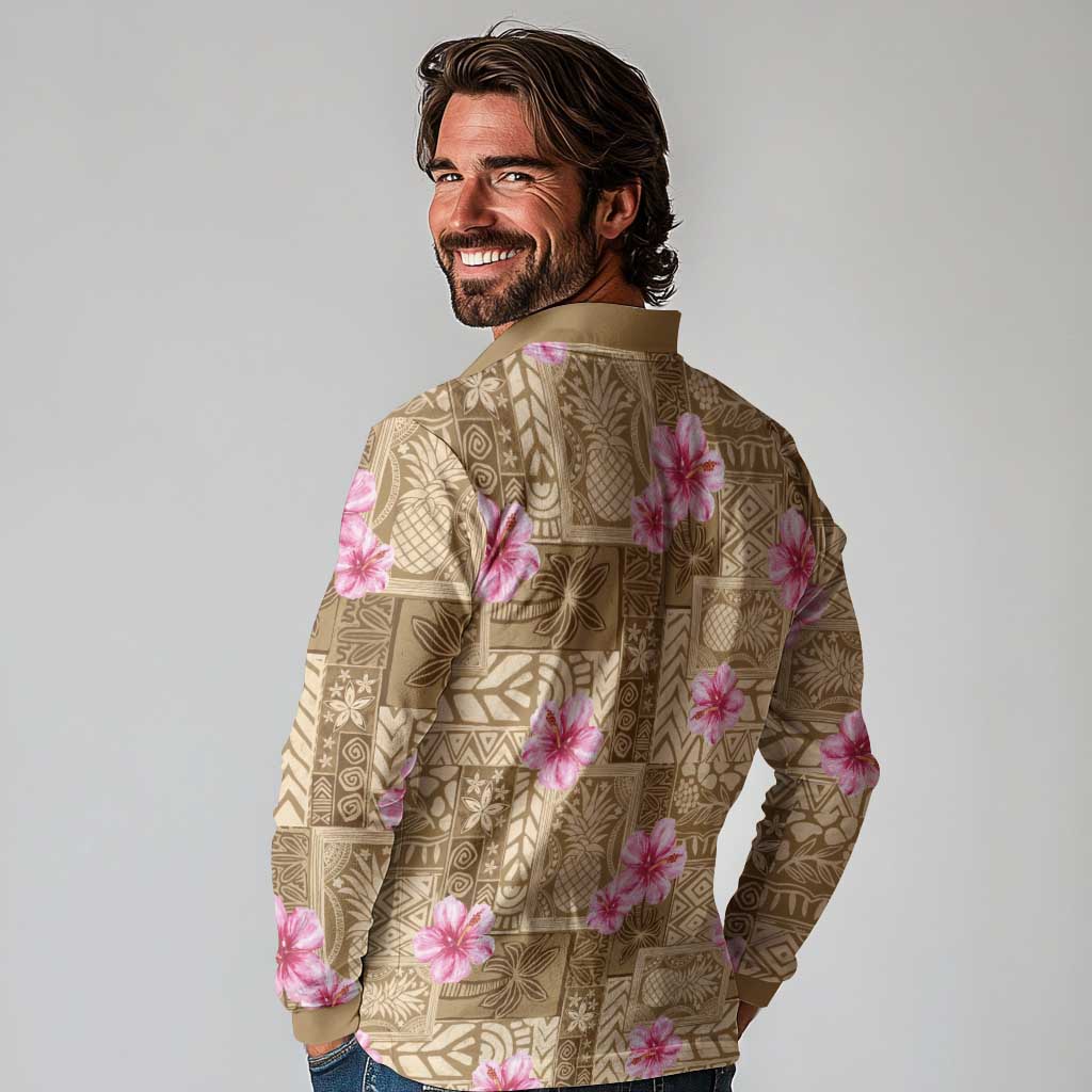 Beige Hawaii Hibiscus With Tropical Flowers Motifs Long Sleeve Polo Shirt LT14 - Polynesian Pride