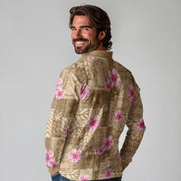 Beige Hawaii Hibiscus With Tropical Flowers Motifs Long Sleeve Polo Shirt LT14 - Polynesian Pride