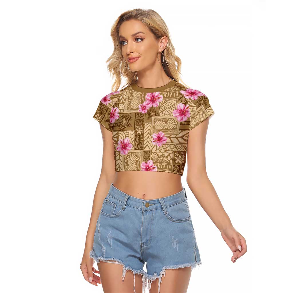 Beige Hawaii Hibiscus With Tropical Flowers Motifs Raglan Cropped T Shirt LT14 Female Beige - Polynesian Pride