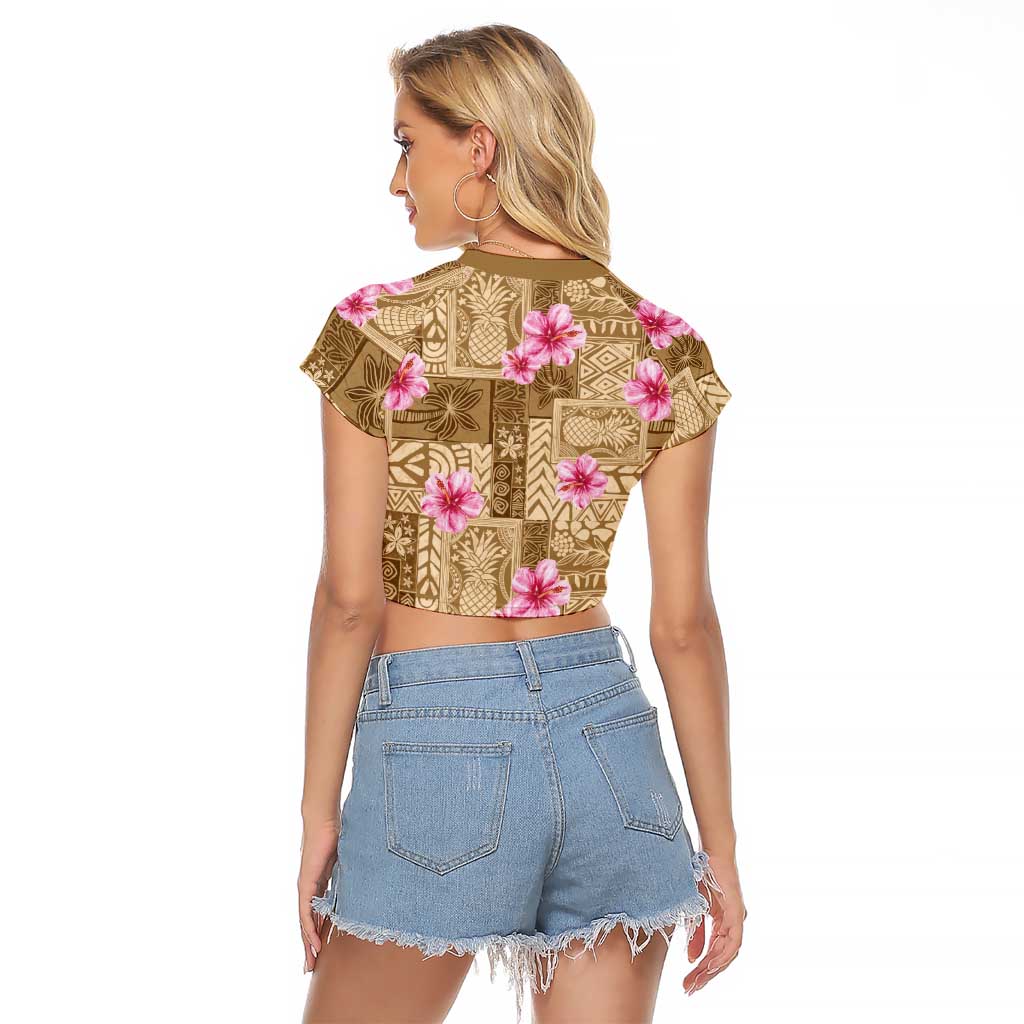 Beige Hawaii Hibiscus With Tropical Flowers Motifs Raglan Cropped T Shirt LT14 - Polynesian Pride