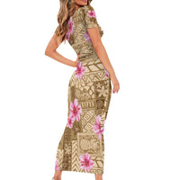 Beige Hawaii Hibiscus With Tropical Flowers Motifs Short Sleeve Bodycon Dress LT14 - Polynesian Pride