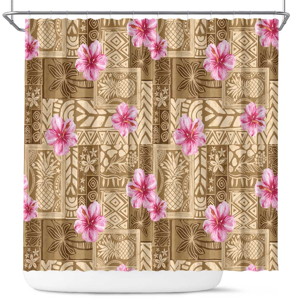 Beige Hawaii Hibiscus With Tropical Flowers Motifs Shower Curtain LT14 Beige - Polynesian Pride