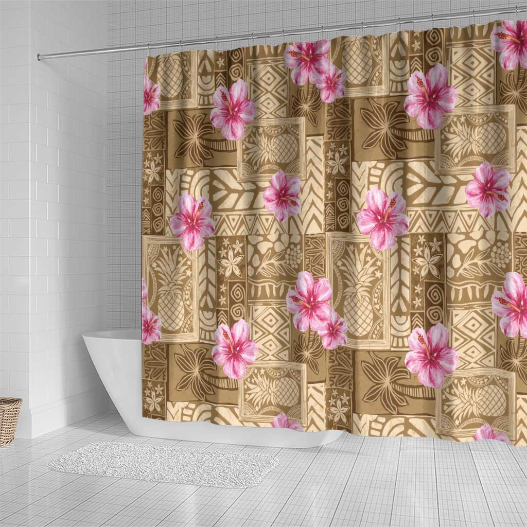Beige Hawaii Hibiscus With Tropical Flowers Motifs Shower Curtain LT14 - Polynesian Pride