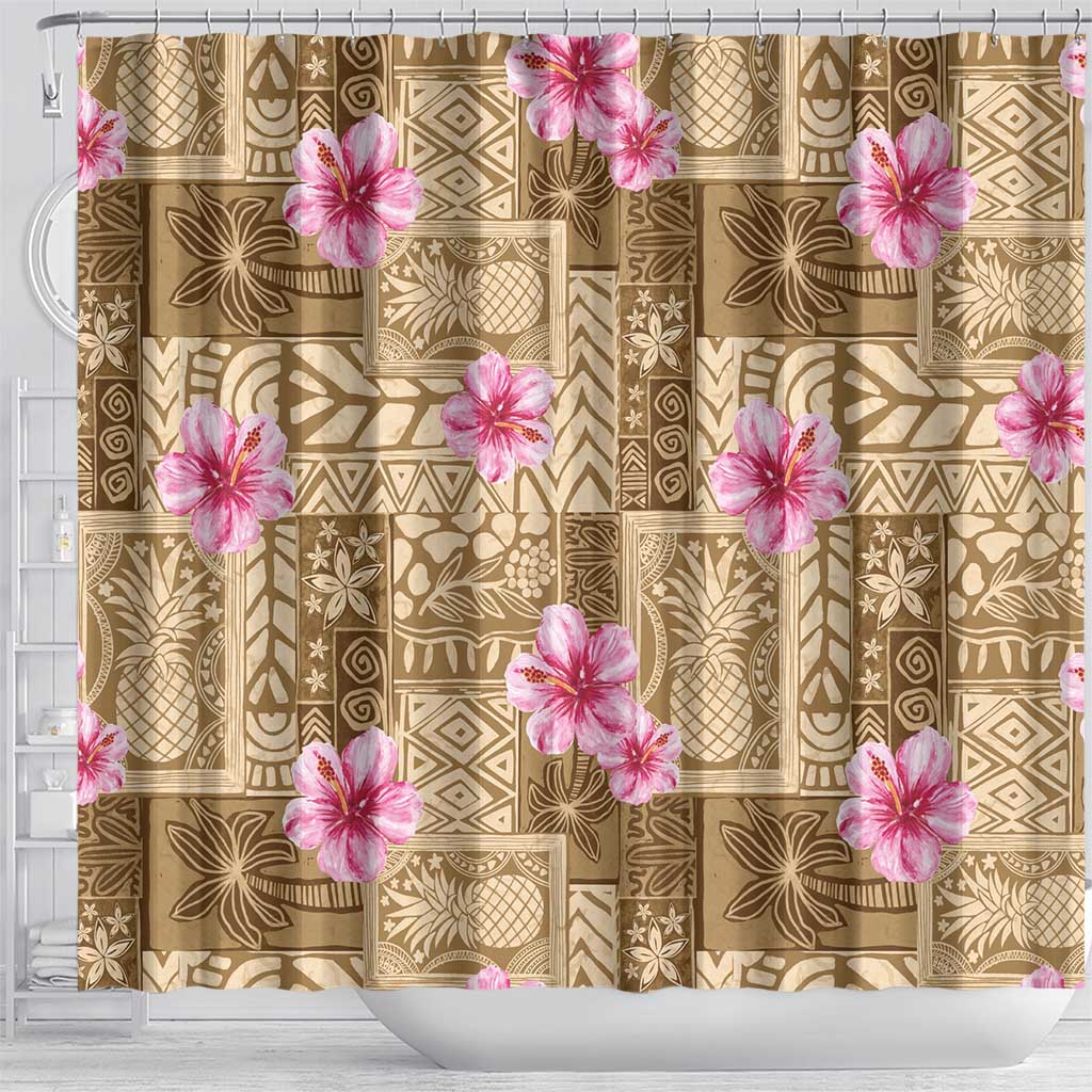 Beige Hawaii Hibiscus With Tropical Flowers Motifs Shower Curtain LT14 - Polynesian Pride