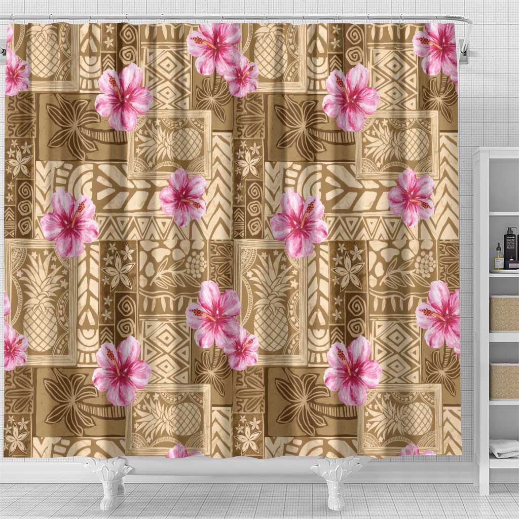 Beige Hawaii Hibiscus With Tropical Flowers Motifs Shower Curtain LT14 - Polynesian Pride