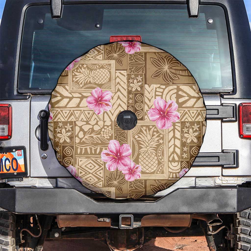 Beige Hawaii Hibiscus With Tropical Flowers Motifs Spare Tire Cover LT14 Beige - Polynesian Pride