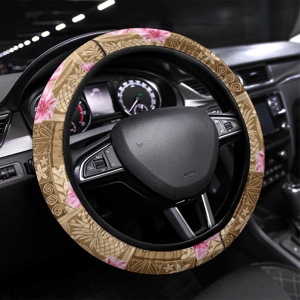 Beige Hawaii Hibiscus With Tropical Flowers Motifs Steering Wheel Cover LT14 Universal Fit Beige - Polynesian Pride