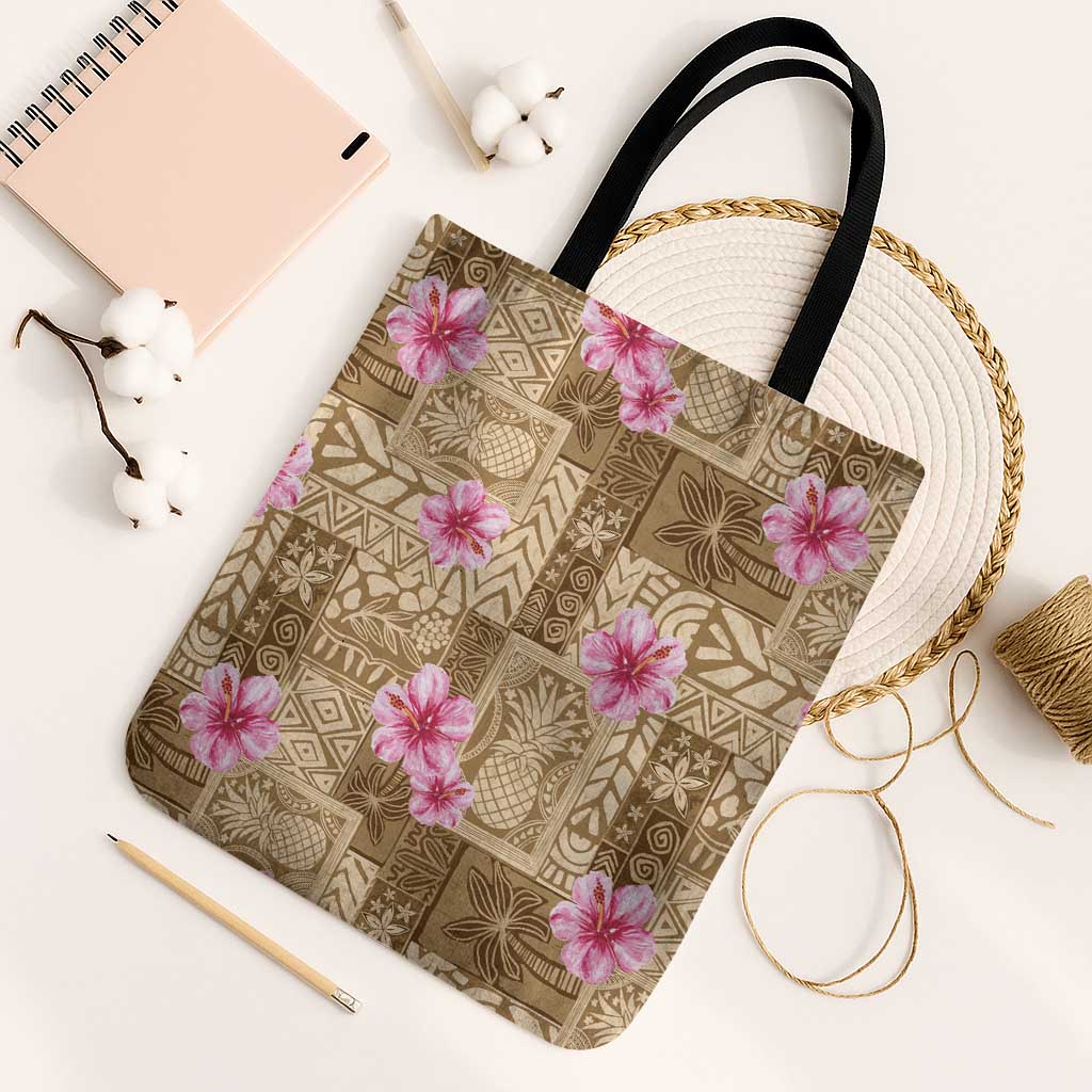 Beige Hawaii Hibiscus With Tropical Flowers Motifs Tote Bag LT14 Black Strap One Size Beige - Polynesian Pride