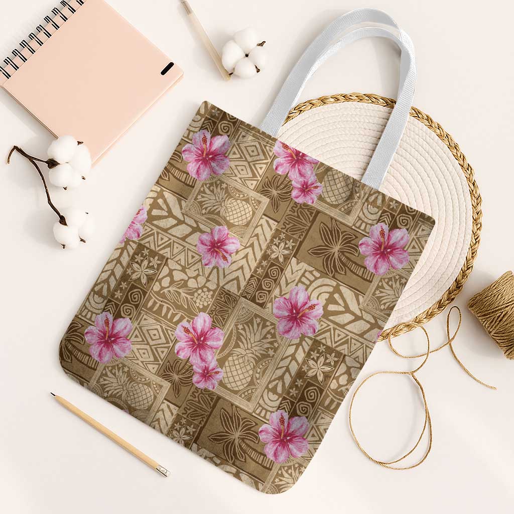 Beige Hawaii Hibiscus With Tropical Flowers Motifs Tote Bag LT14 White Strap One Size Beige - Polynesian Pride
