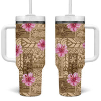Beige Hawaii Hibiscus With Tropical Flowers Motifs Tumbler With Handle LT14 One Size: 40 oz Beige - Polynesian Pride