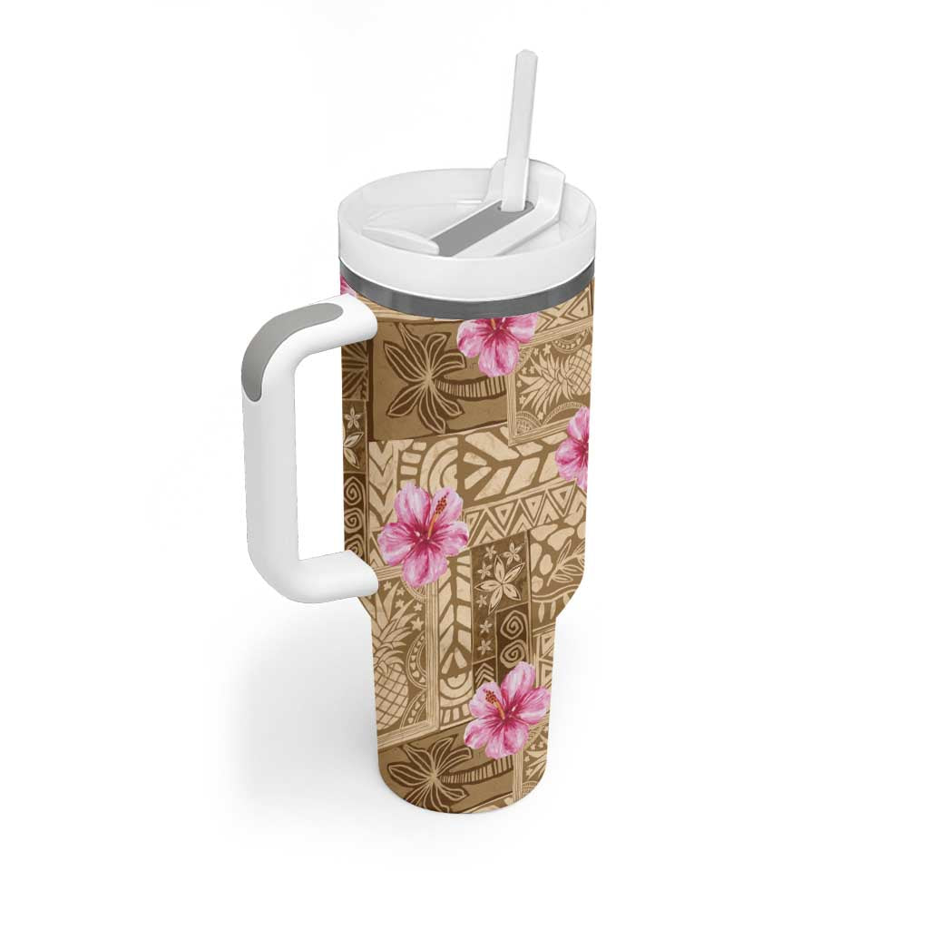 Beige Hawaii Hibiscus With Tropical Flowers Motifs Tumbler With Handle LT14 - Polynesian Pride