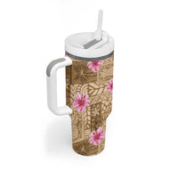 Beige Hawaii Hibiscus With Tropical Flowers Motifs Tumbler With Handle LT14 - Polynesian Pride