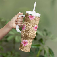 Beige Hawaii Hibiscus With Tropical Flowers Motifs Tumbler With Handle LT14 - Polynesian Pride