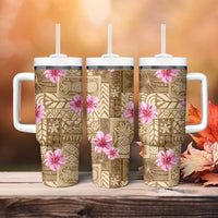 Beige Hawaii Hibiscus With Tropical Flowers Motifs Tumbler With Handle LT14 - Polynesian Pride
