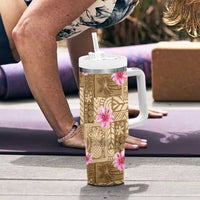 Beige Hawaii Hibiscus With Tropical Flowers Motifs Tumbler With Handle LT14 - Polynesian Pride