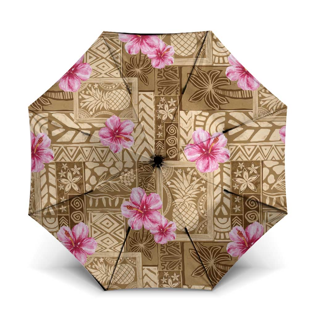 Beige Hawaii Hibiscus With Tropical Flowers Motifs Umbrella LT14 One Size Folded 11.42 inch Opened Diameter 37.4 inch Beige - Polynesian Pride
