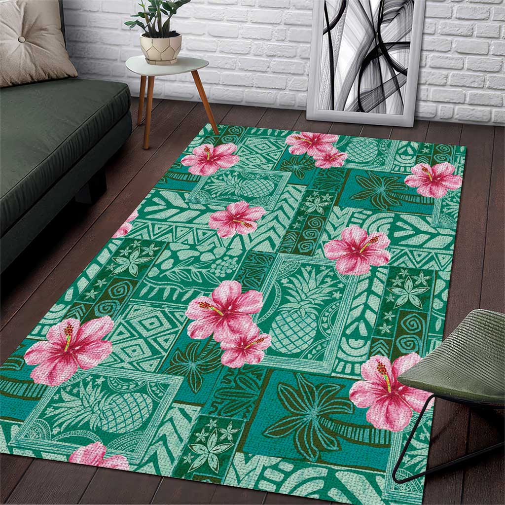 Cyan Hawaii Hibiscus With Tropical Flowers Motifs Area Rug LT14 Cyan - Polynesian Pride