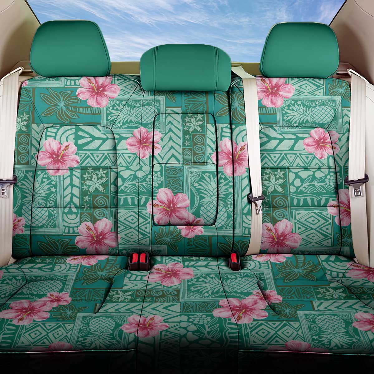Cyan Hawaii Hibiscus With Tropical Flowers Motifs Back Car Seat Cover LT14 One Size Cyan - Polynesian Pride