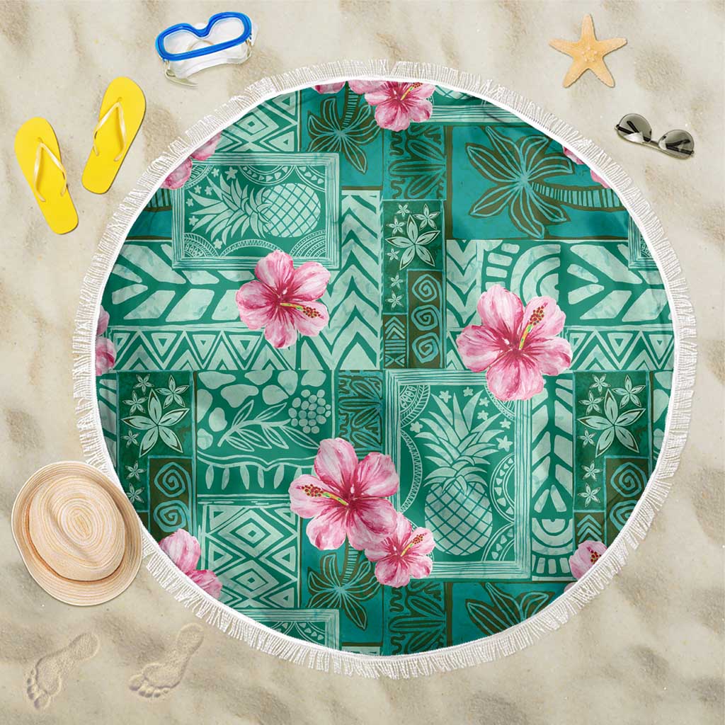 Cyan Hawaii Hibiscus With Tropical Flowers Motifs Beach Blanket LT14 One Size 150cm Cyan - Polynesian Pride