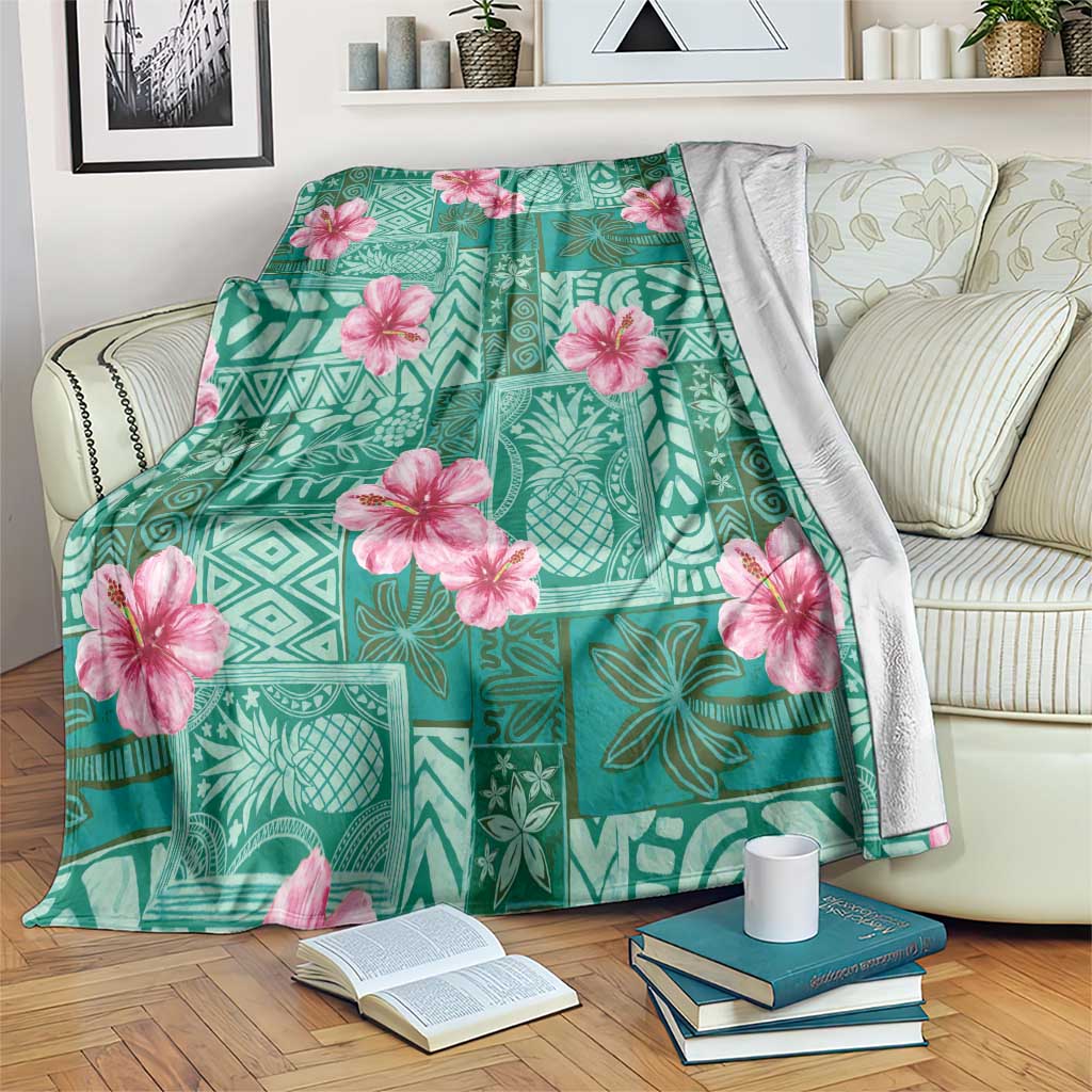 Cyan Hawaii Hibiscus With Tropical Flowers Motifs Blanket LT14 Cyan - Polynesian Pride