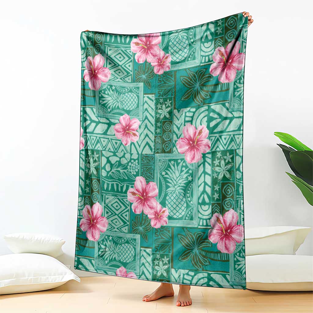 Cyan Hawaii Hibiscus With Tropical Flowers Motifs Blanket LT14 - Polynesian Pride