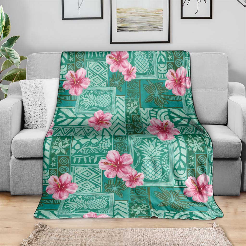 Cyan Hawaii Hibiscus With Tropical Flowers Motifs Blanket LT14 - Polynesian Pride