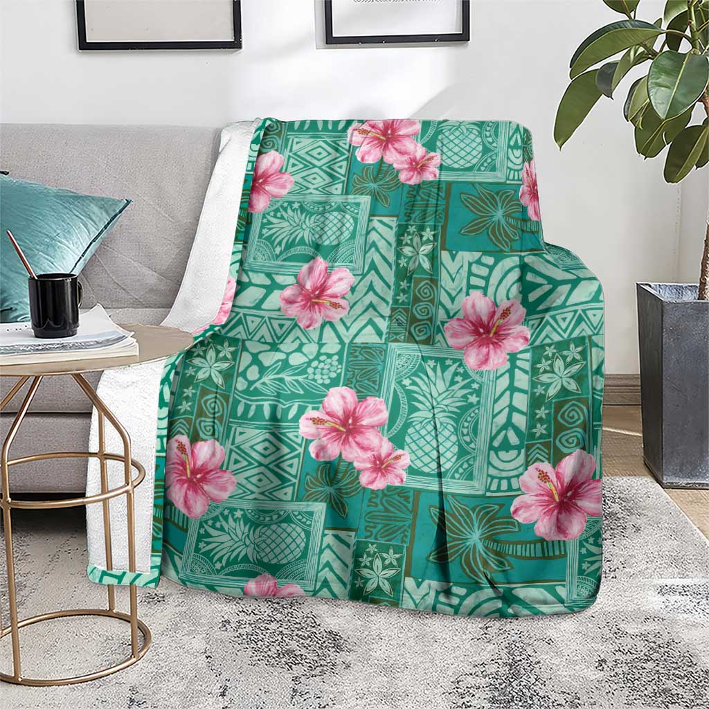 Cyan Hawaii Hibiscus With Tropical Flowers Motifs Blanket LT14 - Polynesian Pride